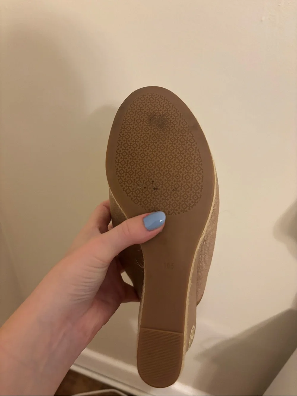 Tory Burch open toe tan brown canvas wedges